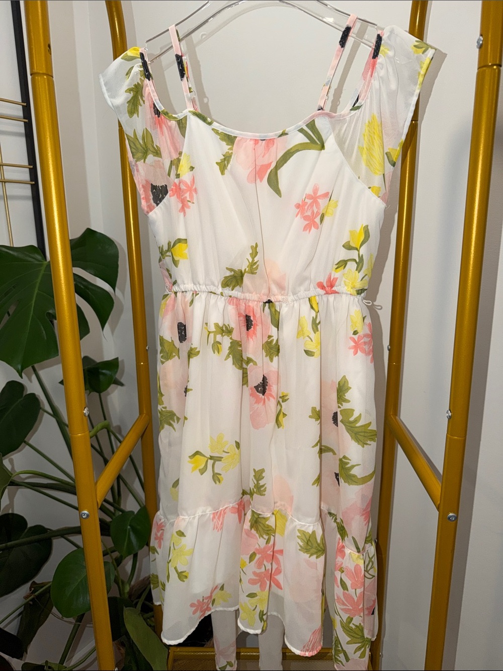 White Floral Sleeveless Sundress with Pink & Yellow Blooms for Girls